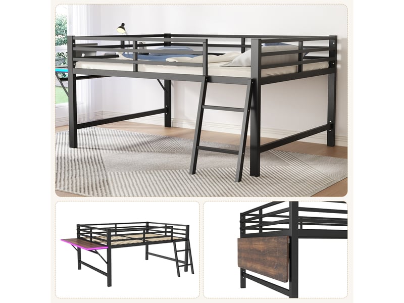  Lit plat, 140 x 200 cm, lit en métal, sans matelas, barrière de sécurité, échelle, bureau, bande lumineuse led, noir  - Conforama E
