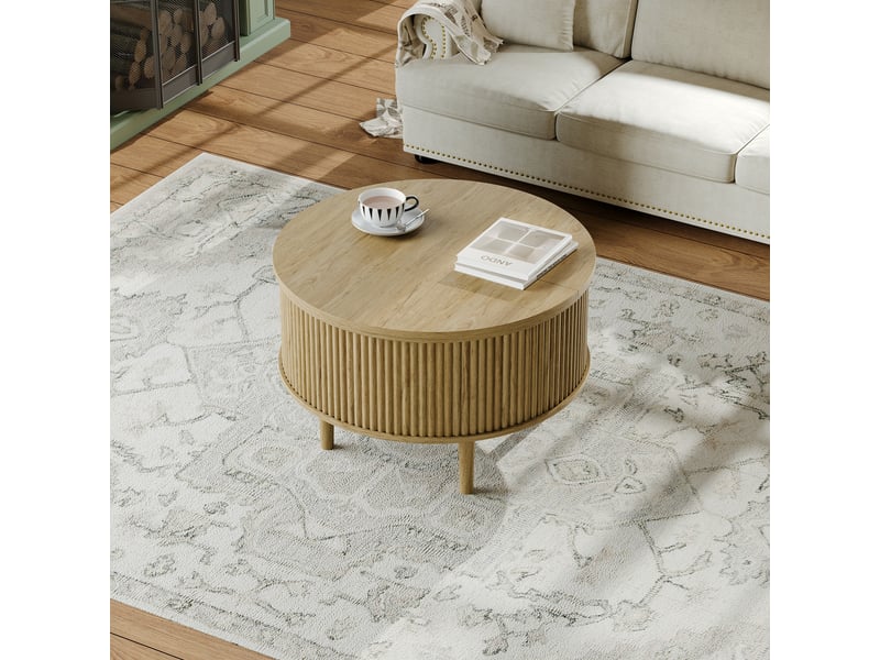  Table basse ronde couleur naturelle avec plateau rabattable, grand espace de rangement caché, design ondulé style rétro, 80x80x50 cm  - Conforama W