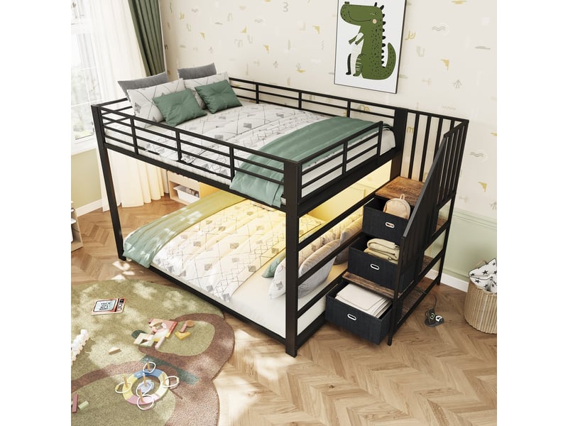  Lit superposé noir en mdf et métal, 140x200 cm avec escalier modulable et rangements intégrés  - Conforama E