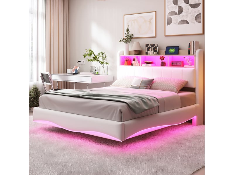  Lit capitonné 140x200 cm avec design suspendu, led, usb, type-c, rangement et tête de lit, tissu beige, sans matelas  - Conforama D