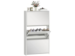 Meuble à chaussures 9 paires, armoire à chaussures étroite, 3 tiroirs rabattables et portes miroirs, 65x17x114,5cm blanc