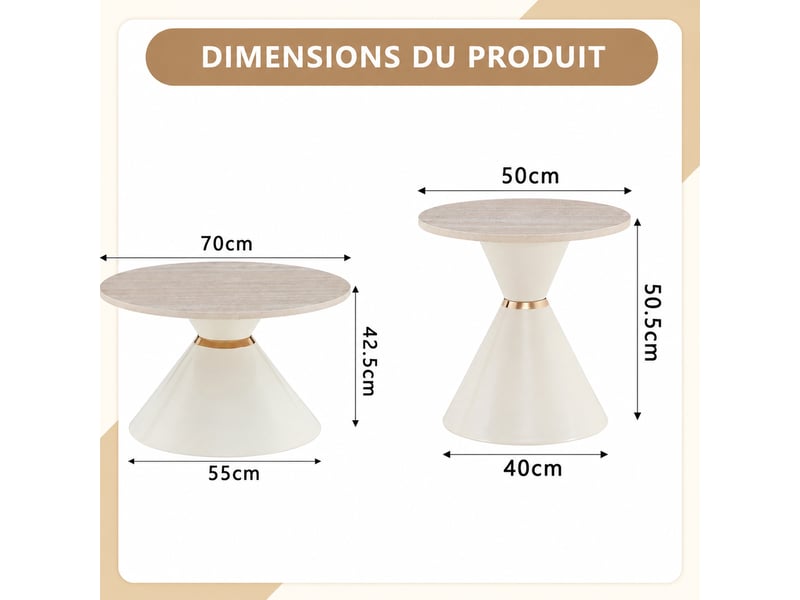  Set de 2 tables basses gigognes – plateau mélaminé effet travertin – métal crème et doré – ø 70 et 50 cm  - Conforama D