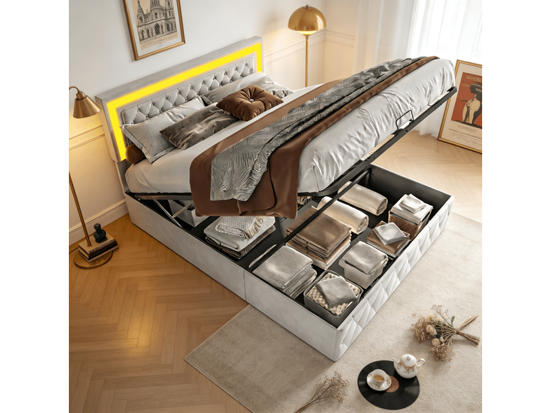  Lit adulte 140x200 cm beige avec éclairage led et coffre hydraulique - velours doux, sommier à lattes, rangement spacieux, charge 280 kg  - Conforama C