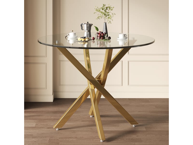 Table à manger ronde 80 x 80 x 75 cm en verre trempé, pieds dorés en métal - Conforama D