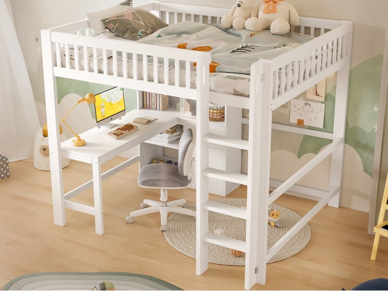  Lit mezzanine 140x200cm, plusieurs compartiments de rangement, échelle, bureau, 3 tiroirs, blanc  - Conforama B