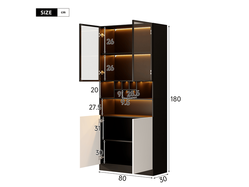  Vitrine d'exposition - 80x30x180 cm - meuble de rangement haut led avec portes en verre trempé et range-bouteilles - noir  - Conforama E
