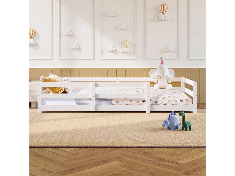  Lit enfant 140x200 cm - lit bébé 140x200 cm - avec barrière de sécurité - facile à assembler - bois de pin -blanc  - Conforama E