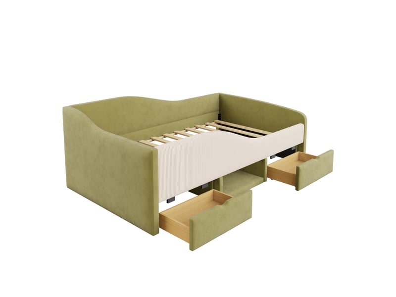  Lit enfant 90x190 cm, 2 tiroirs de rangement, garde-corps, mdf et velours, vert foncé et crème, sécurisé, sans matelas  - Conforama E