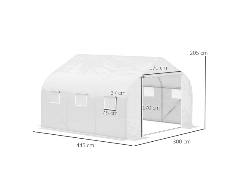 Serre tunnel 6 fenêtresporte enroulable, petubes métalliques, plantesfruits, 4,5x3x2 m, blanche. - Conforama E