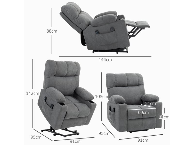  Fauteuil releveur électrique gris, massage et chaleur lombaire, inclinable à 135 degrés, pour salon et séjour  - Conforama C