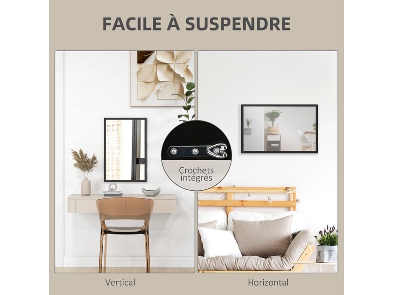  Miroir mural rectangulaire 60 x 40 cm, cadre en bois noir, salon ou chambre, idéal pour la salle de bain  - Conforama E