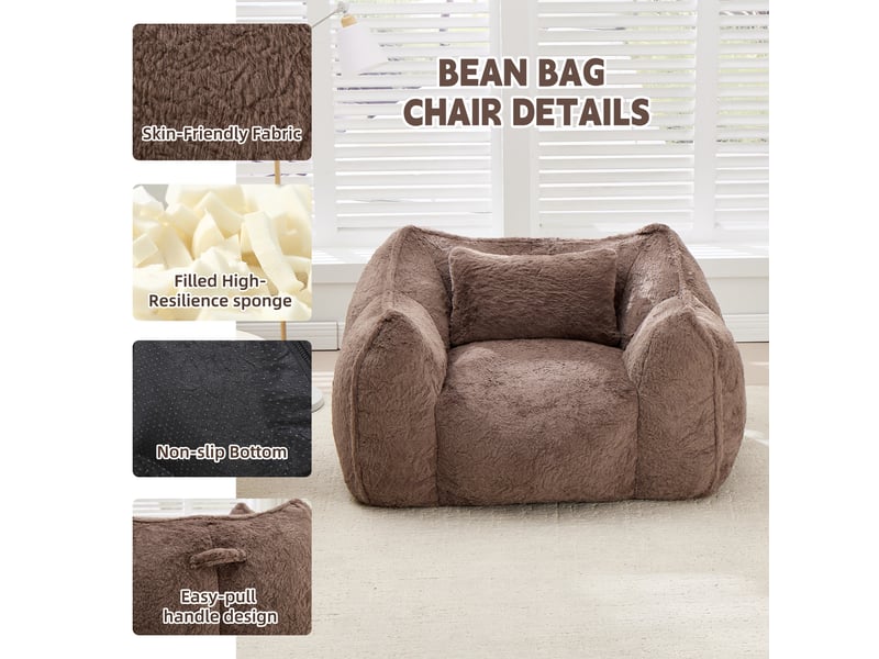  Pouf fauteuil en tissu,fausse fourrure, kaki  - Conforama C