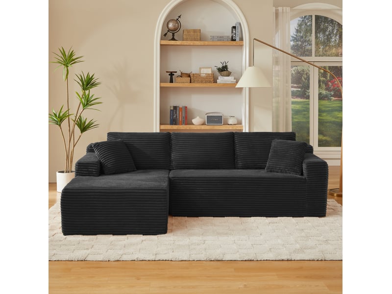  Canapé d'angle ulevr modulable 4 places avec méridienne xxl, 252,5 x 163 x 65 cm, mousse à mémoire de forme et ressorts, noir  - Conforama D