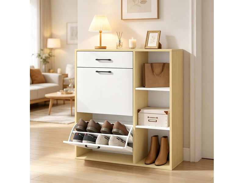 Meuble à chaussures blanc 80x90x30 cm avec 2 abattants et 1 tiroir - Conforama D