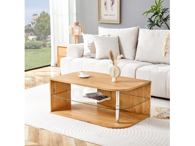  Table basse 100x60x42 cm avec étagère en verre et rangement en mdf coloris naturel  - Conforama B