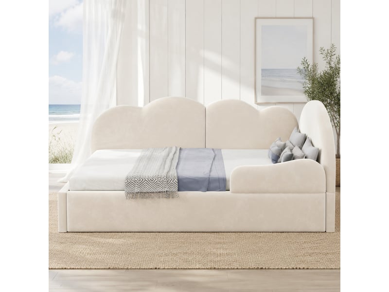  Lit gigogne modenvie en l 90 x 200 cm avec tête de lit forme nuage, velours beige  - Conforama E