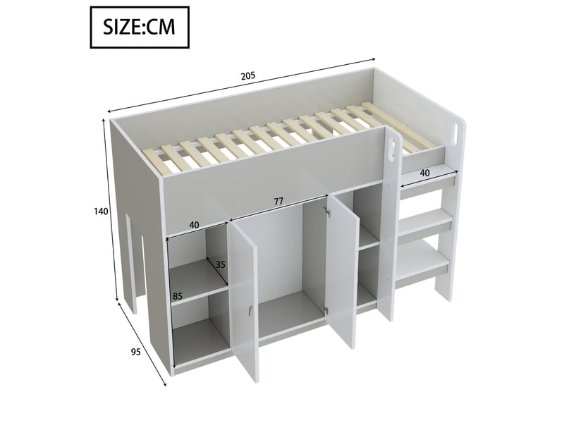 Lit mezzanine 90x200 cm - lit enfant avec échelle intégrée, placard fermé et espace de rangement - bois de pin et mdf - gris  - Conforama C