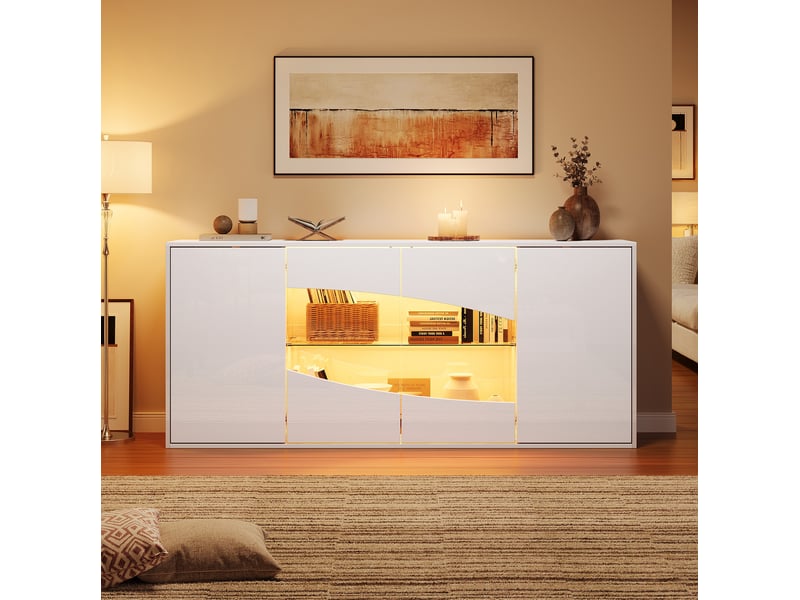  Buffet 160x35x70 cm à 4 portes avec éclairage led rgb, en mdf, coloris blanc finition haute brillance, design moderne  - Conforama B