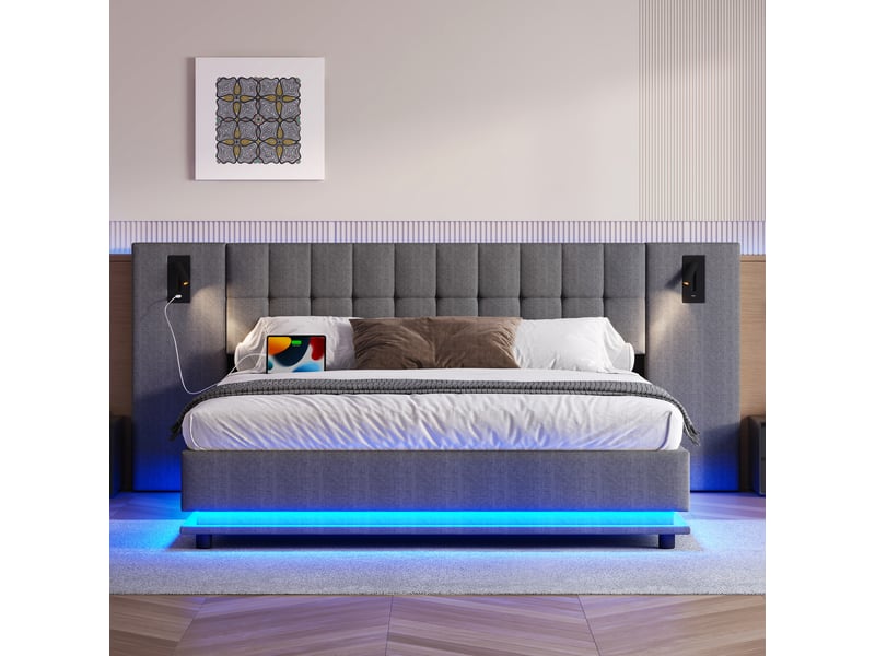  Lit double 180x200 cm - lit déco rembourré avec spot led et prise usb - lin + mdf - sans matelas - gris  - Conforama D
