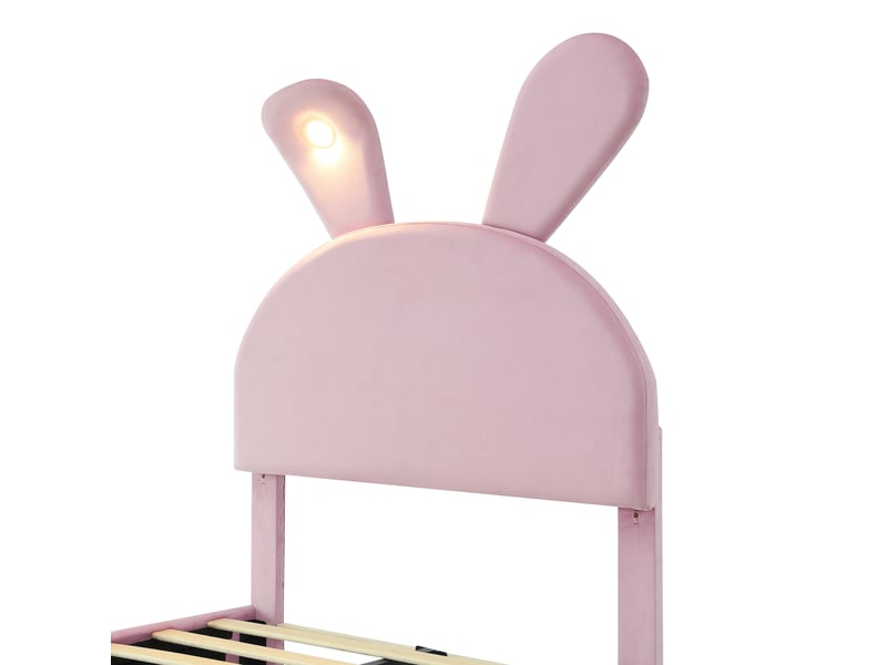 Lit enfant 90 x 200 cm en velours rose avec oreilles de lapin, led et 2 poufs Fay Lum - Conforama D