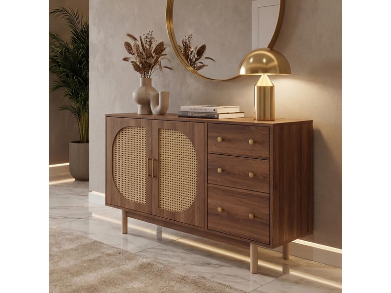 Buffet hwc-p52, armoire commode buffet haut, tiroirs compartiments de rangement, polyrotin mdf mélamine 80x120x40cm ~ marron  - Conforama B
