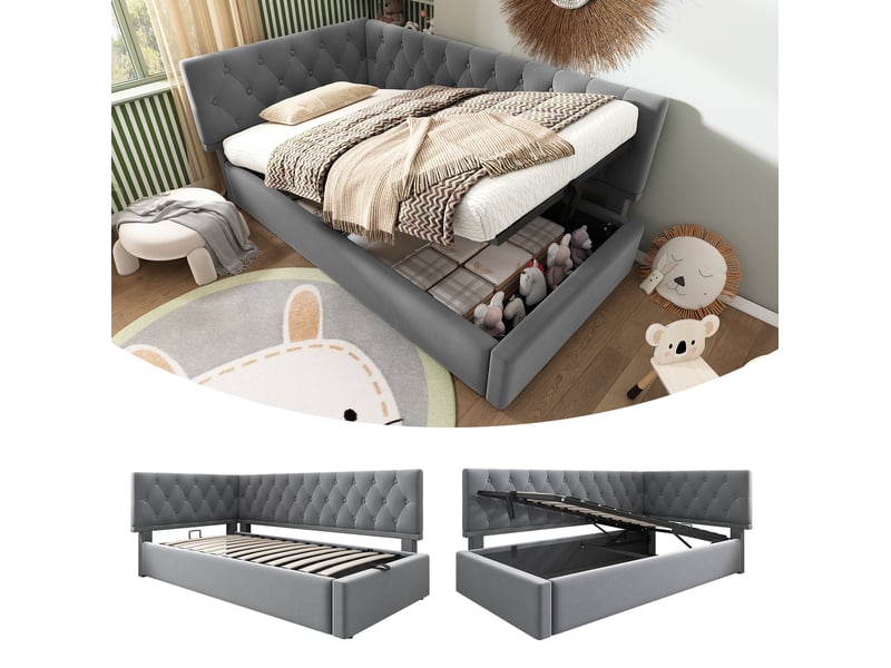  Lit de jour 90x190 cm avec rangement hydraulique et sommier à lattes en bois gris sans matelas  - Conforama D