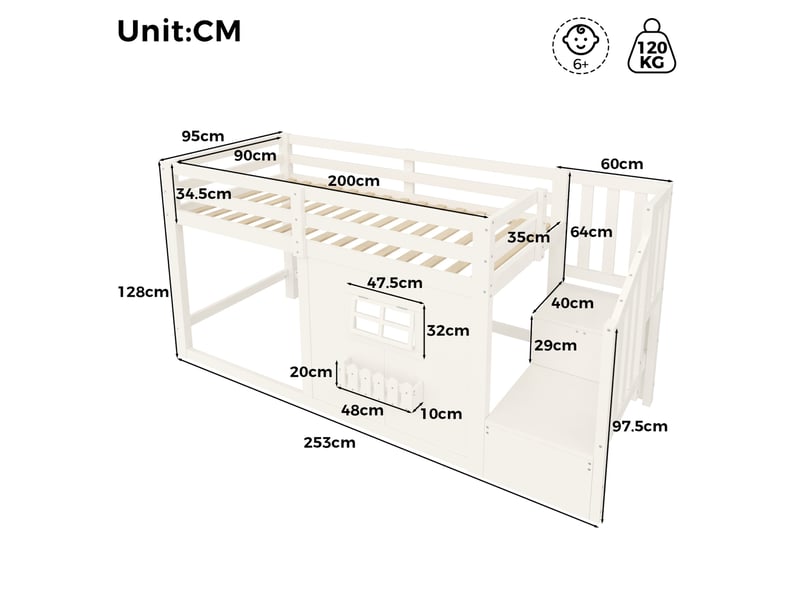 Lit mezzanine enfant 90 x 200 cm en bois blanc avec escalier de rangement, fenêtre et led, sans matelas - Conforama C
