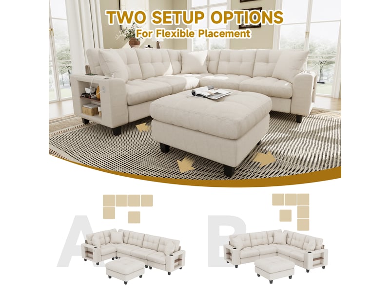  Canapé d'angle 216.5x216.5x83 modulable en forme de u avec pouf amovible accoudoirs et bibliothèque canapé 6 places porte-gobelet et ports usb-c chenille beige BUYDEEMEUS - Conforama D