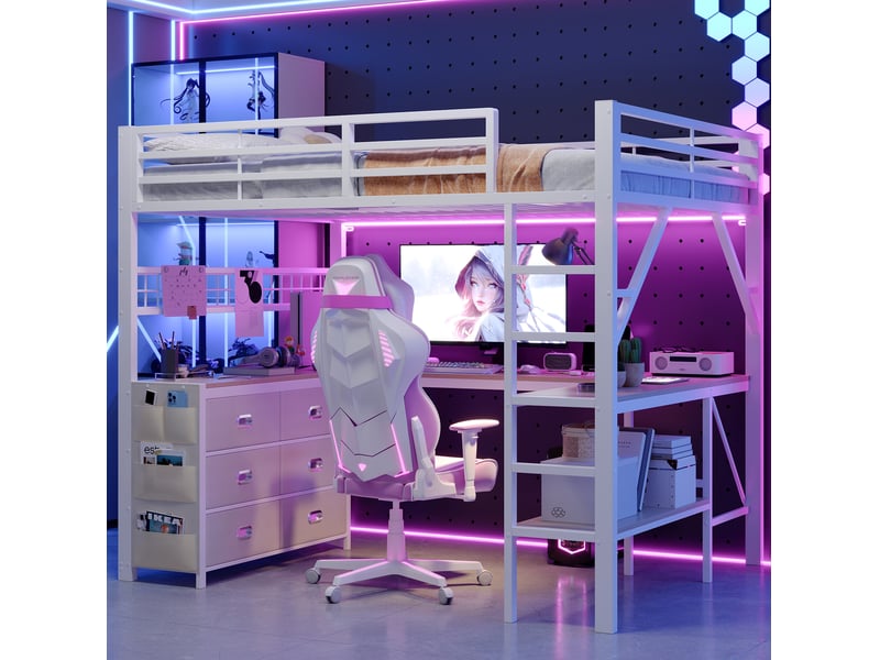 Lit mezzanine 140 × 200 cm avec bureau, étagères, tiroirs et led en métal pour chambre 204 × 145 × 172 cm - Conforama E