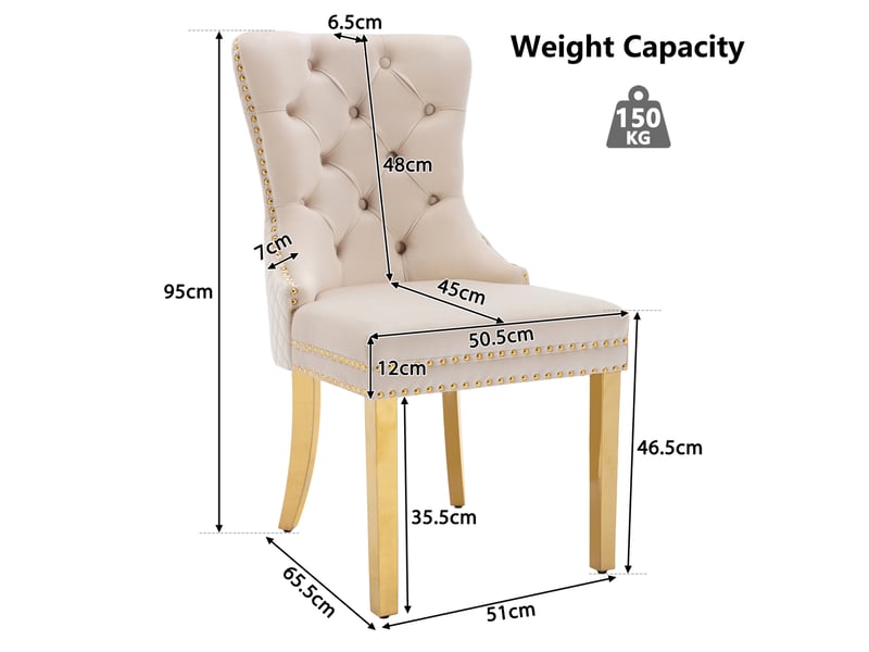  Lot de 4 chaises 65,5x51x95 cm, chaises salle à manger, dossier heurtoir rond, velours beige, pieds en acier doré  - Conforama C