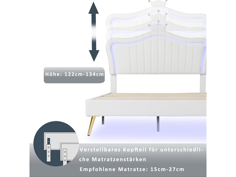  Lit enfant 140x200 cm - lit rembourré avec tête de lit couronne - led rgb et sommier à lattes - mdf similicuir blanc  - Conforama D