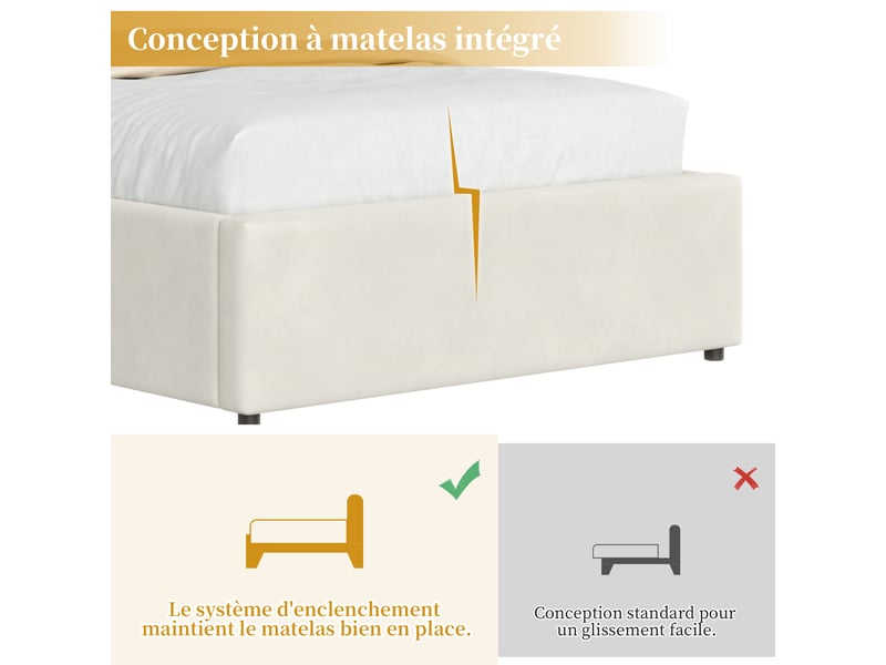  Lit enfant simple 90×200 cm avec coffre, led réglable et tête de lit - okmyhome- en velours beige, sans matelas  - Conforama E