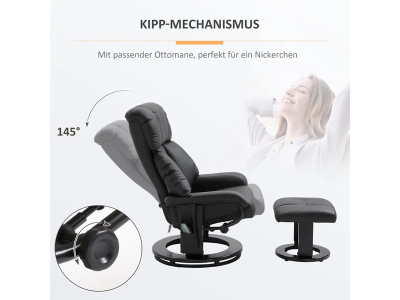 Fauteuil de massage noir, similicuir, dossier réglable, fauteuil massant avec repose-pieds pour salon - Conforama B