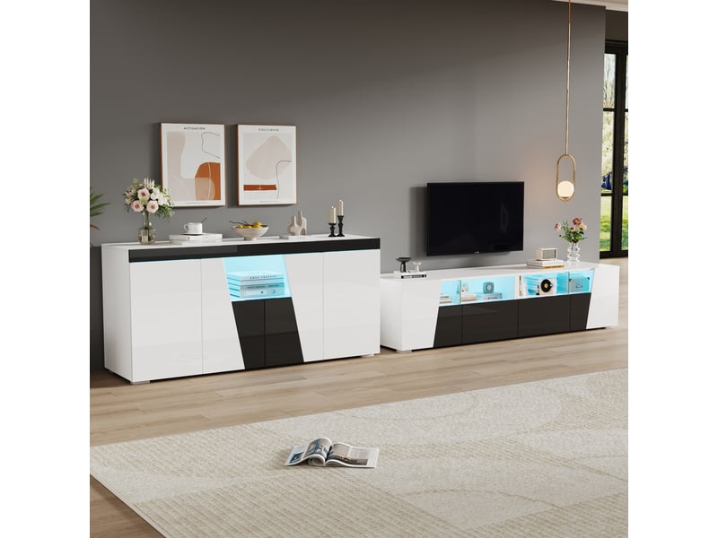 Meuble tv blanc et noir 180x38.5x45 cm avec éclairage led intelligent et rangement - Conforama B