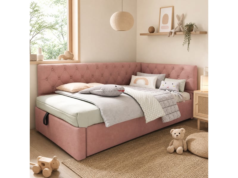  Lit banquette coffre 200×90 cm avec rangement hydraulique, montage à gauche ou à droite, sans matelas, en velours rose  - Conforama B