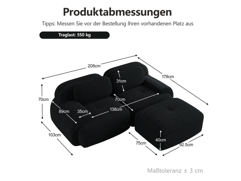  Canapé d'angle modulaire 208x178x70cm 2 places, pour le salon, conception ergonomique, revêtement velours côtelé, noir  - Conforama C