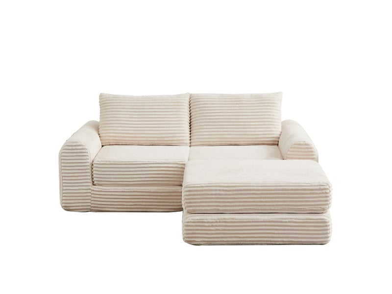  Canapé d’angle modulable en velours côtelé avec pouf amovible – accoudoirs arrondis, 74×194×169.5 cm, beige  - Conforama A