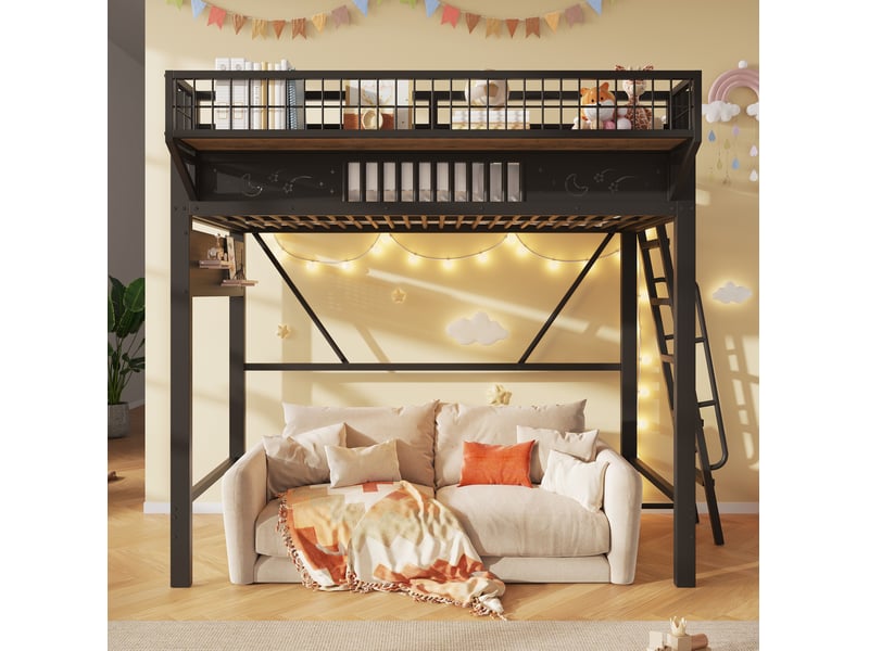  Lit mezzanine 90x200 cm en métal avec rangements noir  - Conforama D