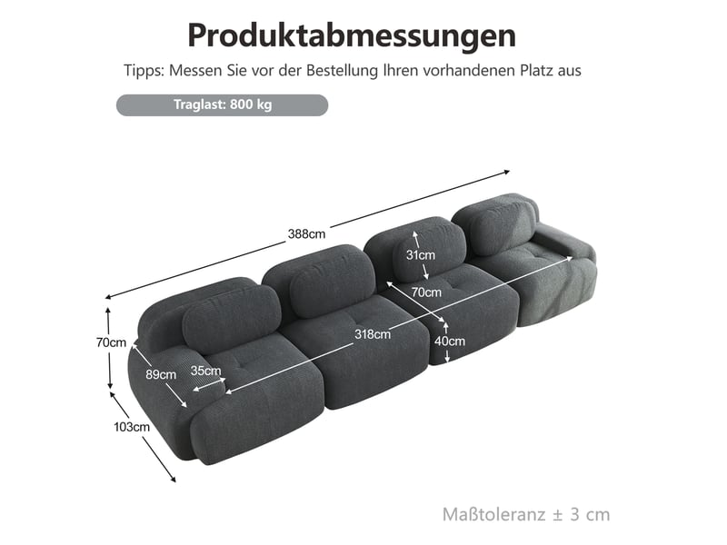  Canapé modulaire 4 places avec assise 32d et accoudoirs arrondis, sans montage, en velours côtelé gris  - Conforama E