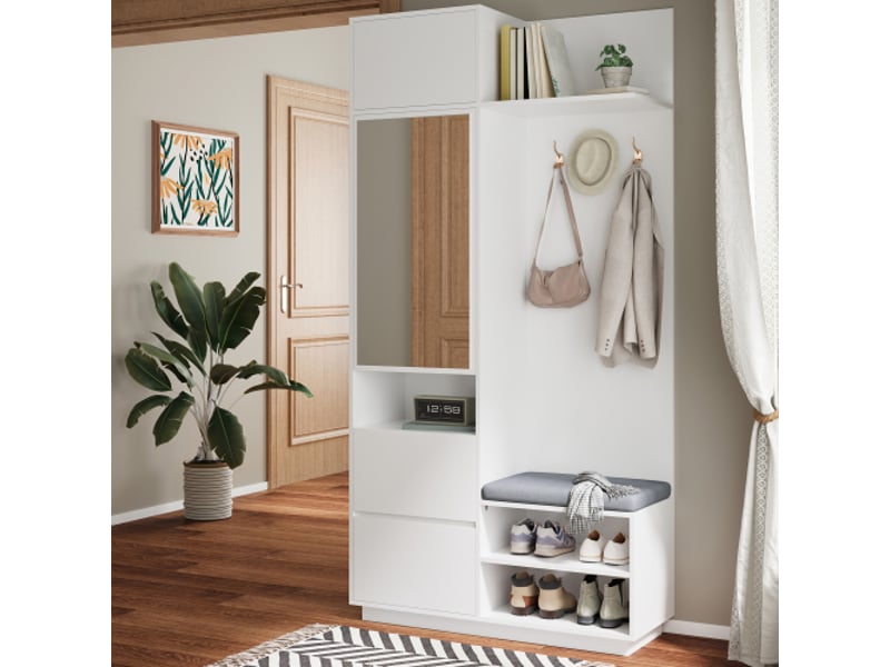  Garde-robe d’entrée compacte avec miroir et banc – meuble d’entrée avec patères et porte-chaussures  - Conforama D