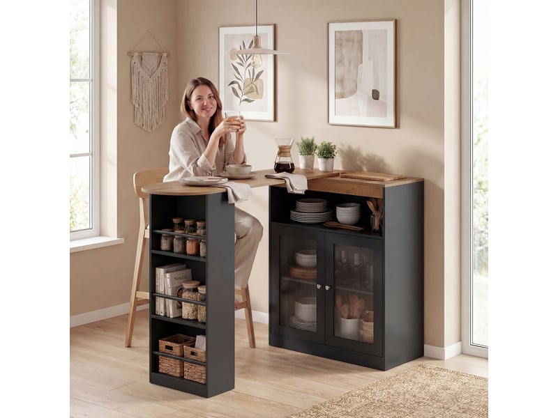  Table de bar extensible et pivotante à 90° avec étagères ouvertes et 2 portes vitrées 150 x 80 x 105,5 cm noir et naturel  - Conforama D