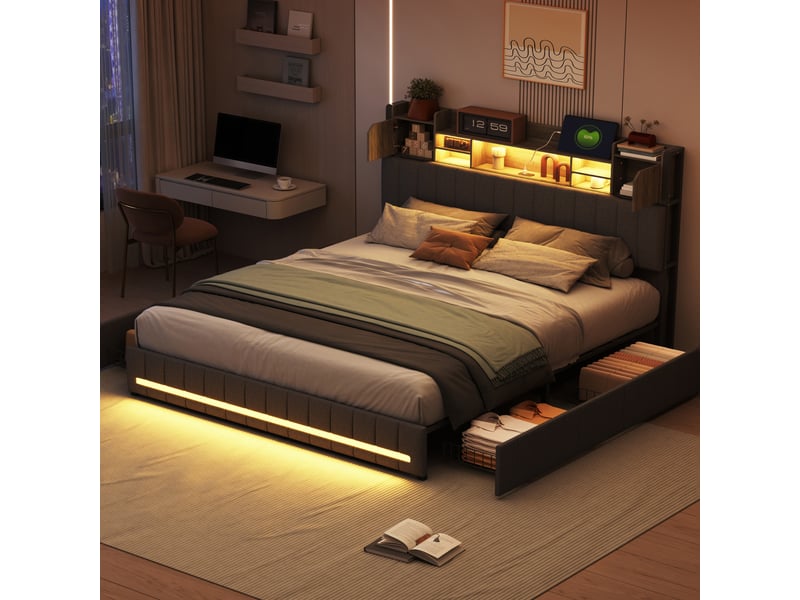 140 x 200 cm lit coffre rembourré avec tête de lit intégrant des rangements et 4 tiroirs ; cadre de lit deux places moderne gris foncé avec bande led et ports usb (matelas non inclus) 240727HGY0301#ADHWdX5eNeFRHF - Conforama E