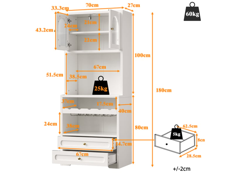  Buffet haut vitré avec étagères réglables, led et porte-bouteilles, pour cuisine, en mdf blanc, 140 × 40 × 180 cm  - Conforama D