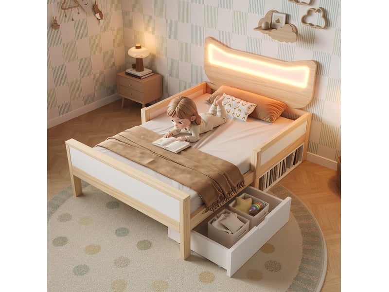 Lit enfant 90 x 200 cm, tête de lit chat avec led rgb, tiroir réversible blanc chêne - Conforama B