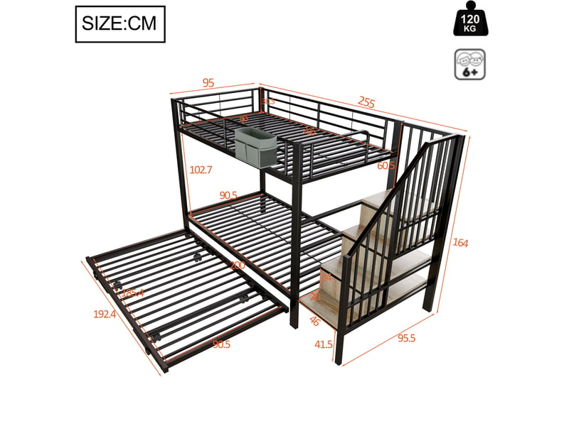  Lit superposé enfant 90x200 cm avec lit gigogne, escalier de rangement, noir  - Conforama C