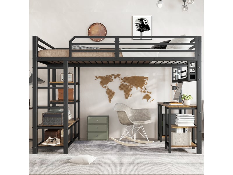  Lit surélevé enfant en métal avec bureau, étagère et échelle 4 marches, 120x200cm, noir et noyer foncé  - Conforama C