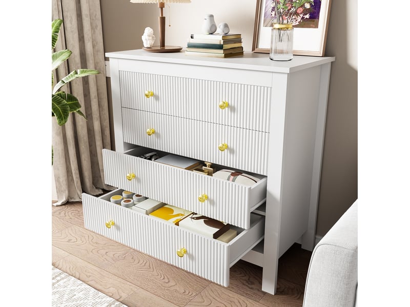  Commode 5 tiroirs blanche à poignées dorées – 79 x 39,5 x 80,5 cm  - Conforama B