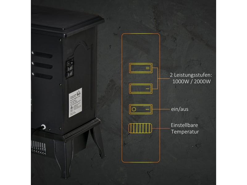  Cheminée électrique portable noire avec effet flammes, 10002000 w, 36,5 x 24 x 45,5 cm  - Conforama W