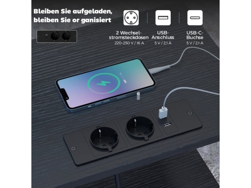 Table d’appoint avec station de charge, usb-c, tiroirs et crochets, acier noir 40x30x60 cm - Conforama E
