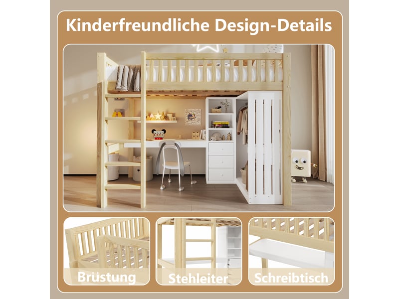  Lit mezzanine 140*200cm sans matelas, pin et mdf, bureau, armoire, 3 tiroirs, échelle, naturel  - Conforama E
